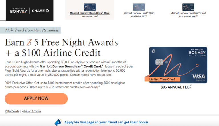 Marriott Bonvoy Boundless® Credit Card Offer – 5 Free Nights Awards (50K) Is Back! And Now Includes $100 Airline Credit!
