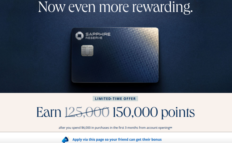 Limited Time Elevated 150,000 Point Sign Up Bonus on Chase Sapphire Reserve!